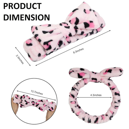 Spa Headbands for Women Washing Face Pink Leopard Girls Makeup Bow Tie Head Band Cute, Skincare Headband with Bow, Face Wash Headbands for Teen Girls Soft Microfiber Spa Party Favors Bow Hair Band