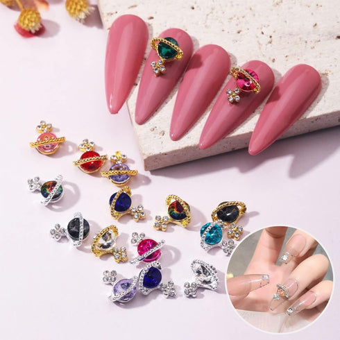 Planet Nail Charms, 54 Pcs 3D Nail Rhinestones, Shiny Silver Saturn Shape, Nail Art Decoration Supplies for Acrylic