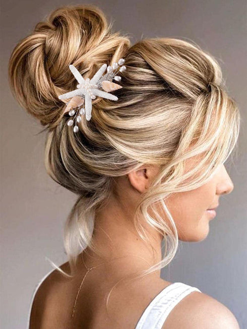 Yean Starfish Wedding Hair Clip, Silver Beach Bridal Hair Accessories, Pearl SeaShell Hair Piece for Women