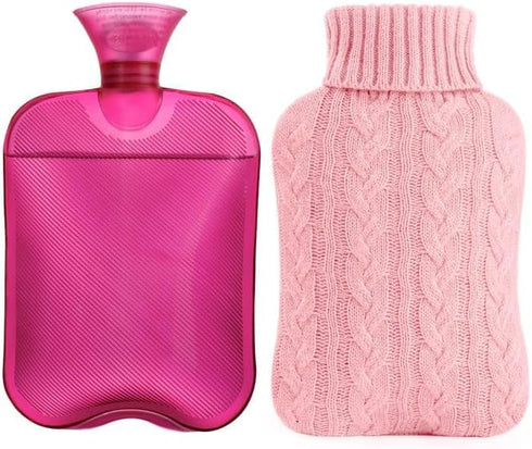 samply Hot Water Bottle with Knitted Cover, 2L for Hot and Cold Compress, Ideal for Pain Relief, Pink