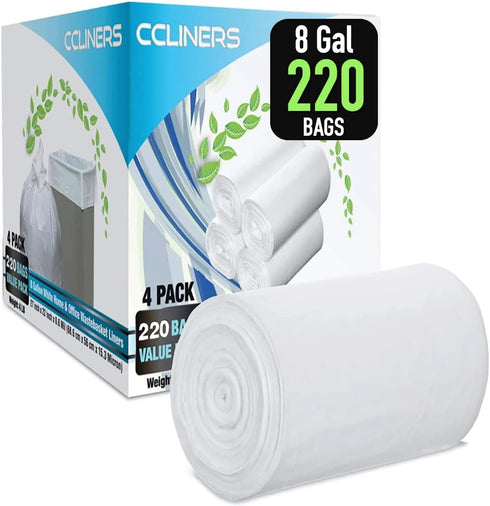 8 Gallon Medium Trash Bags, White Kitchen Garbage Bags, Plastic Wastebasket Liners for Home and Office Bins, 220 Count