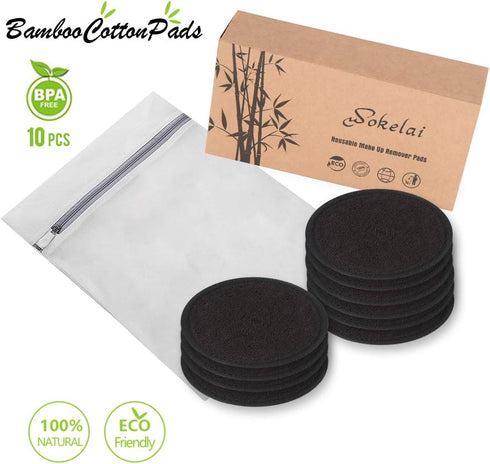 Reusable Makeup Remover Pads Black Washable - 10 Pack Organic Cotton Rounds for Facial Cleansing