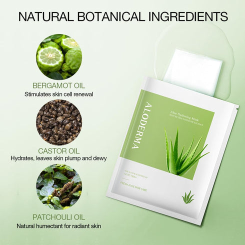 Aloderma Hydrating Sheet Face Masks with 87% Organic Aloe Vera - 5 pack Moisturizing Facial Masks with Hyaluronic Acid & Bergamot Oil for Nourished, Radiant Skin - Aloe Vera Natural Skincare