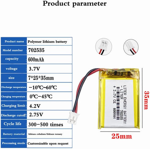 3.7V 702535 600mAh Lithium Polymer ion Battery Rechargeable Polymer Battery Pack with JST 2.0mm Connector