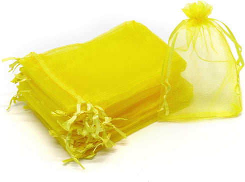 100Pcs Premium Sheer Organza Bags, Yellow Wedding Favor with Drawstring, 3x4 Inch Jewelry Gift for Party