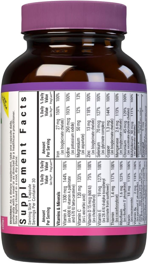 Bluebonnet Nutrition Ladies’ One Prenatal Whole Food-Based Multiple, 30 Vegetable Capsules