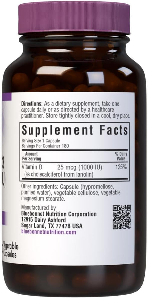 Bluebonnet Vitamin D3 1000 IU Vegetable Capsules, 180 Count