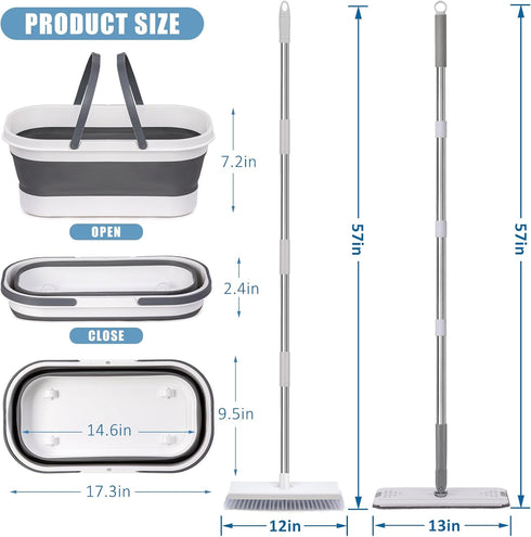 Set 2 Flat Mop and Bucket with Heavy Duty Scrub Brush, Washable Reusable Microfiber Pads, for Tile Hardwood, Wall