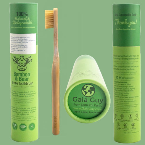 Gaia Guy Natural Bristle Bamboo Toothbrush 6-Pack, Compostable & Biodegradable Boar Bristle and Bamboo