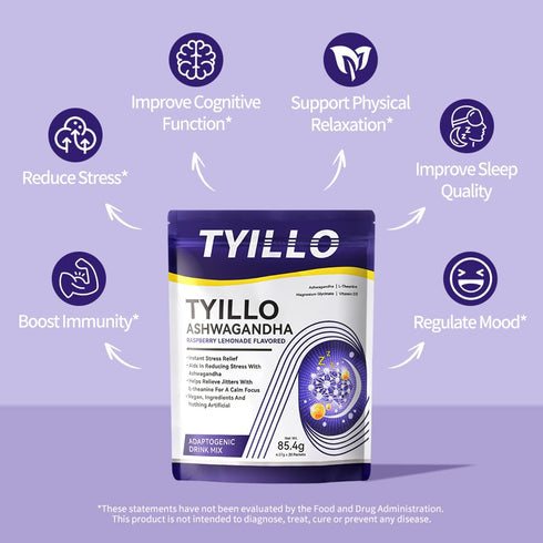 Tyillo D3 20 Ashwagandha Drink Mix, Raspberry Lemonade Flavor, with L-Theanine, Magnesium & Stress Relief, Calm Focus