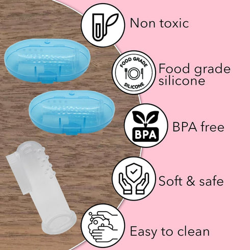 Baby Finger Toothbrush Set of 2, Silicone with 2 Cases in Blue, Toddler Training, Newborn Oral Massager for Kids