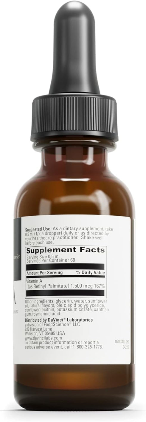 DAVINCI Labs Liposomal A - Liquid Vitamin A Supplement to Support Bone, Skin, Gut, Vision and Immune Health* - Gluten-Free - 30 ml