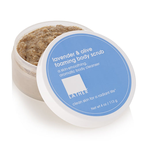 LATHER Lavender & Olive Foaming Body Scrub - Gentle Exfoliating & Hydrating for All Skin Types, 4 Oz Jar