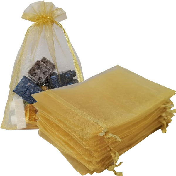 50 Pcs Gift Bags Organza 5x7 Inch, Gold Drawstrings Sheer Fabric Pouch for Jewelry, Baby Shower, Christmas Party Favors