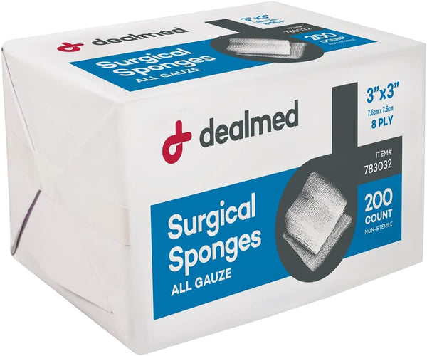 Dealmed 3" x 3" Surgical Sponges, 8-Ply Non-Woven Absorbent Gauze for Wound Care, 200 Count (Pack of 1)