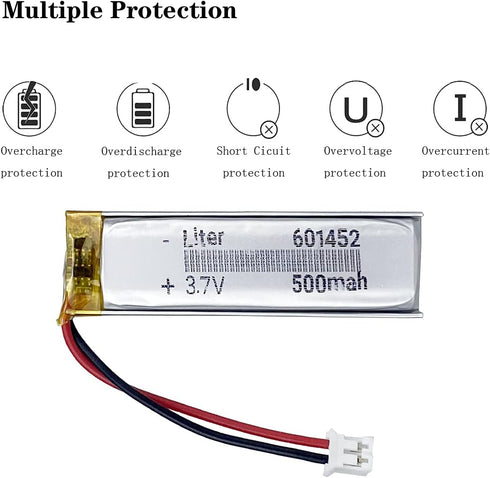 3.7V 500mAh Lipo Battery Rechargeable Lithium Polymer 601452 with JST Connector