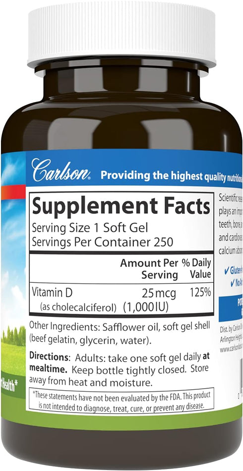 Carlson - Vitamin D3, 1000 IU (25 mcg), Bone Health, Muscle Health, Cholecalciferol, Vitamin D Supplements, Vitamin D3 Soft Gels, 250 Softgels
