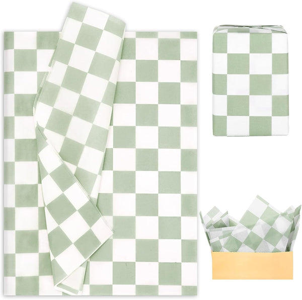 Whaline 100 Sheets Checkered Tissue Paper, Sage Green Gift Wrapping Paper for DIY Crafts Party Decorations