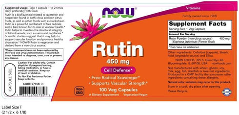 NOW Supplements, Rutin (Sophora japonica) 450 mg, Free Radical Scavenger*, Cell Defense*, 100 Veg Capsules