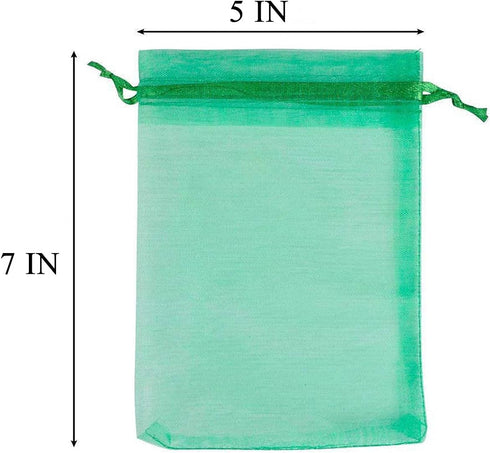 100 Count Organza Drawstring Gift Bags - 5x7 Inch Sheer Fabric Mesh Green Pouch for Jewelry, Party Favors, Wedding