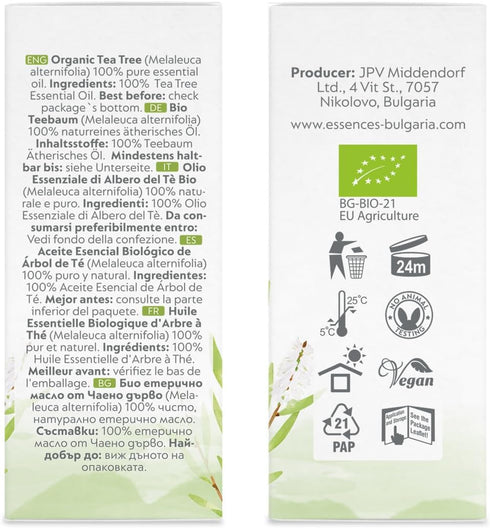 Essences Bulgaria Organic Tea Tree Essential Oil 0.51 Fl Oz 15ml, 100% Pure Natural for Skincare and Aromatherapy Use.