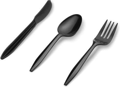 1000 Count Black Silverware Set, 334 Plastic Forks, 333 Spoons, 333 Knives, Medium Weight BPA Free Disposable Cutlery