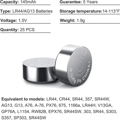 JOXIYECLTL LR44 25 Pack 1.5V L1154f 357 AG13 SR44 A76 GP76 44b 303 Batteries Lr Button Coin Cell Batteries