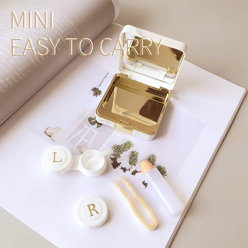 Contact Lens Case, Marble Travel Kit with Remover Tool, Mirror, Tweezers & Solution Bottle for Women & Girls (Gold)