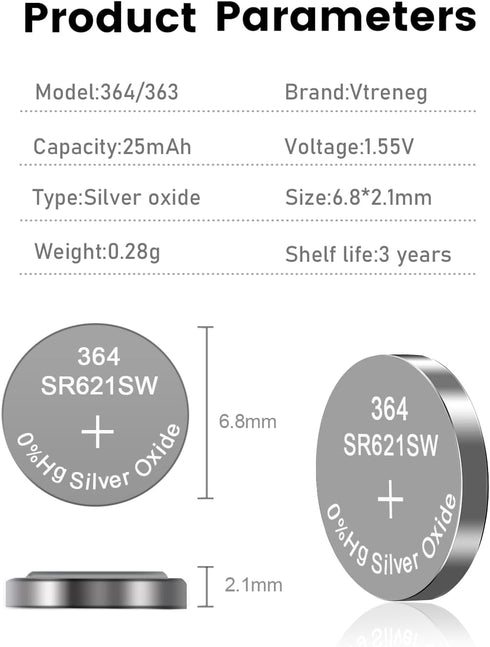Vtreneg 10 Pack 364 SR621SW 363 164 AG1 1.55V Watch Battery Silver Oxide Battery