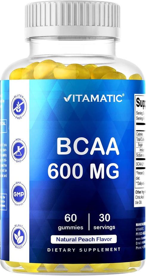 Vitamatic BCAA Gummies, 600mg per Serving, Peach Flavor, 60 Vegan Pectin Based Gummies (2 Bottles)