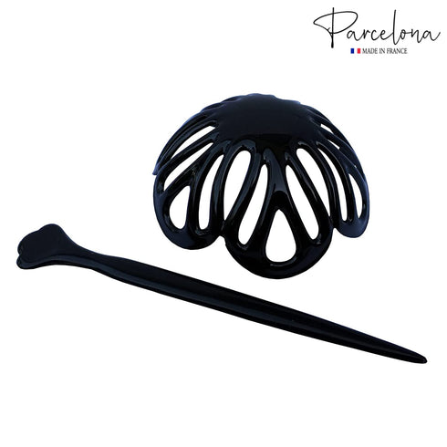 Parcelona Black French Radial Celluloid Hair Slide Pin, 3.5" Bun Cover Ponytail Holder for Women, Made in France
