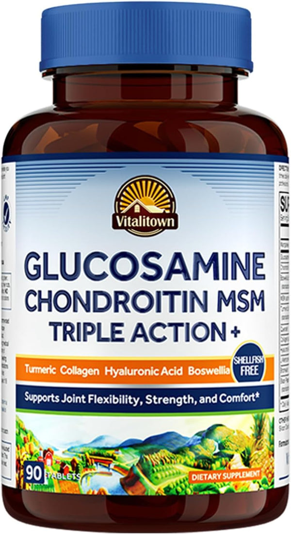 VITALITOWN Glucosamine Chondroitin MSM | Triple Action+ Joint Formula with Collagen, Boswellia, Turmeric, Hyaluronic