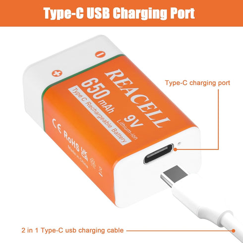 REACELL 2 Packs 9V 9 650mAh 9V Rechargeable Lithium Batteries, Volt Batteries for Smoke Detector, USB Charging Battery