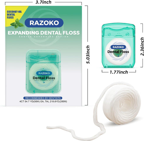 RAZOKO Expanding Coconut Oil Dental Floss, Mint Flavor, Suitable for Wide Spaces (55 Yards, 4 Count)