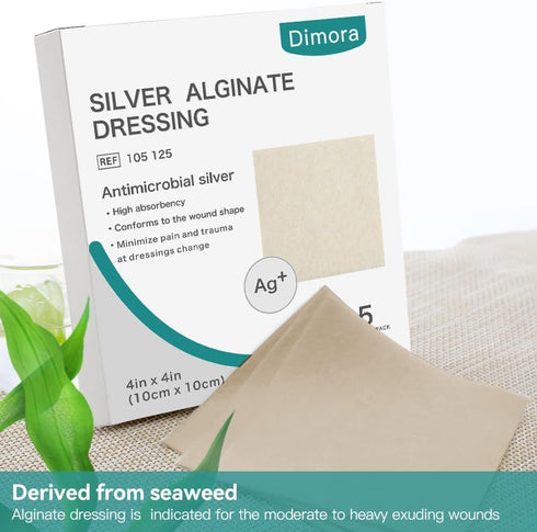 Pads,4'' 4'' 5 Packs Dimora Upgrade Silver Calcium Alginate Wound Dressing -Antibacterial Non Stick Gauze, Highly