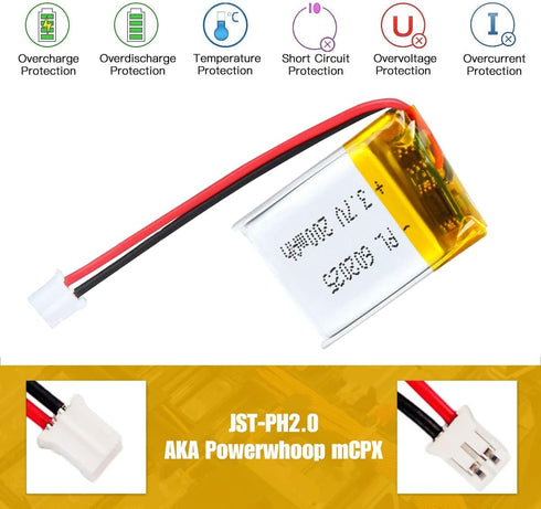 3.7V 200mAh 602025 Lipo Battery Pack, Rechargeable Lithium Polymer with PH2.0mm JST Connector