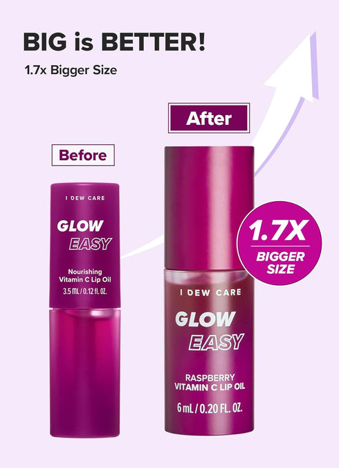 I DEW CARE Lip Oil - Glow Easy Raspberry | Tinted Lip Care with Vitamin C | Pigmented Glossy Lip Oil, 0.20 Fl Oz