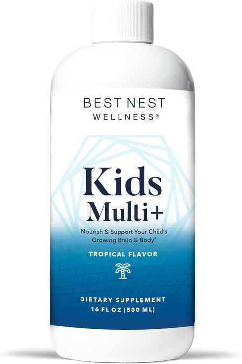 Best Nest Wellness Kids Liquid Multivitamin, Vegan, Gluten-Free, Tropical Flavor, 16oz with Brain Support
