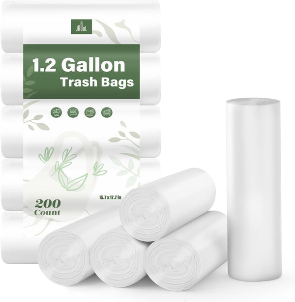 Jaoul 1.2 Gallon Small Trash Bags, 200 Counts Unscented Strong Bathroom Trash Bags for Cat Litter (White)