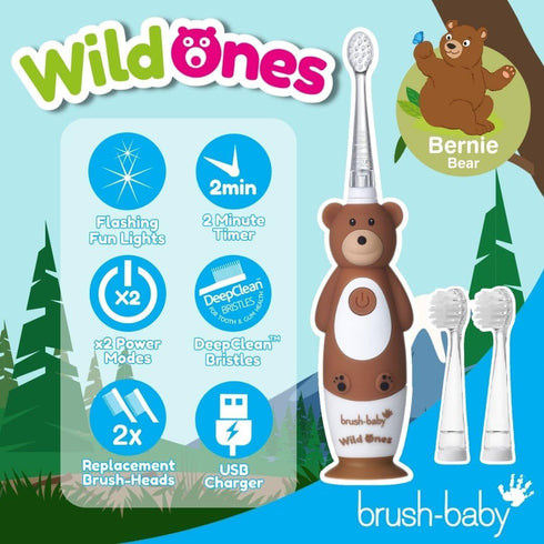 brush-baby WildOnes Kids Electric Rechargeable Toothbrush Bear - 1 Handle, 3 Brush Heads, USB Charging Cable (Ages 0-10)