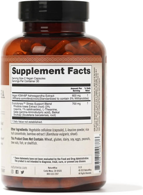 NatureWise Ashwagandha for Stress with KSM-66 Extract + GABA + L-Theanine + Rhodiola Rosea, 60 Capsules