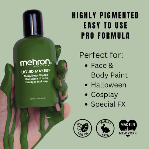 Mehron Makeup Liquid Makeup, Face Paint & Body Paint, 4.5 oz (GREEN), Air Brush Compatible