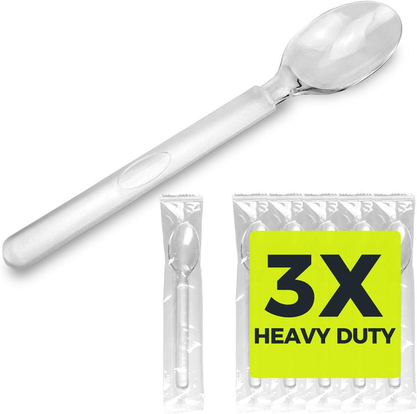 3X Heavy Duty Clear Plastic Spoons, Individually Wrapped, 100 Pack Disposable Spoons for Event Catering and Take Out