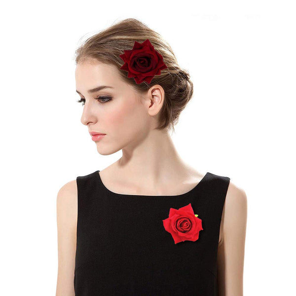 Red Rose Flower Hair Clip Comb, Brooch Pins for Flamenco Dancer Bride Wedding Fabric Flowers Hairpins