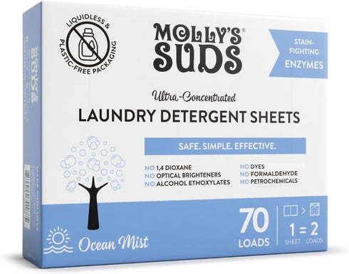 Molly’s Suds Laundry Detergent Sheets, 70 Loads (Ocean Mist) | Gentle on Sensitive Skin, Liquidless & Plastic-Free