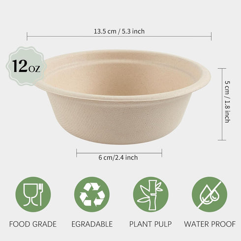 150 Pack 12 oz Paper Bowls Disposable Compostable Soup Bowls Natural Sugarcane Biodegradable Bowls for Ice Cream, Desserts, Pet Food by ZORRITA