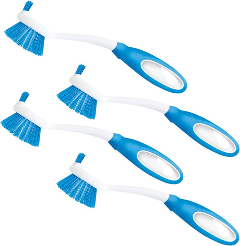 Lola Kitchen Scrubber Dish Brush, Poly Fiber Bristles, Built-in Food Scraper, Non-Slip Grip Handle, 4 Pack