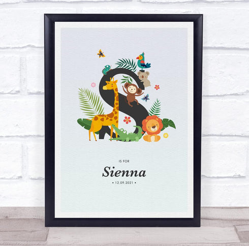 The Card Zoo Jungle Animals Initial S Baby Birth Details Nursery Christening Gift Print