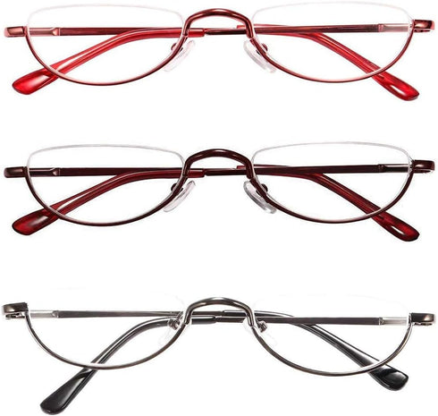 KoKoBin Upgraded Translucent Reading Glasses, 3 Pairs Half-Frame Metal Readers for Men and Women, Red, Brown, Gunmetal