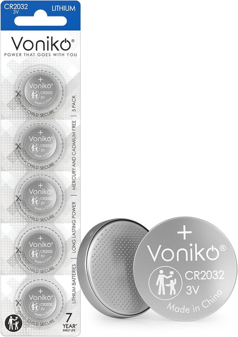 Voniko CR2032 3V Lithium Batteries 5 Pack for Child Safety, Compatible with AirTag,